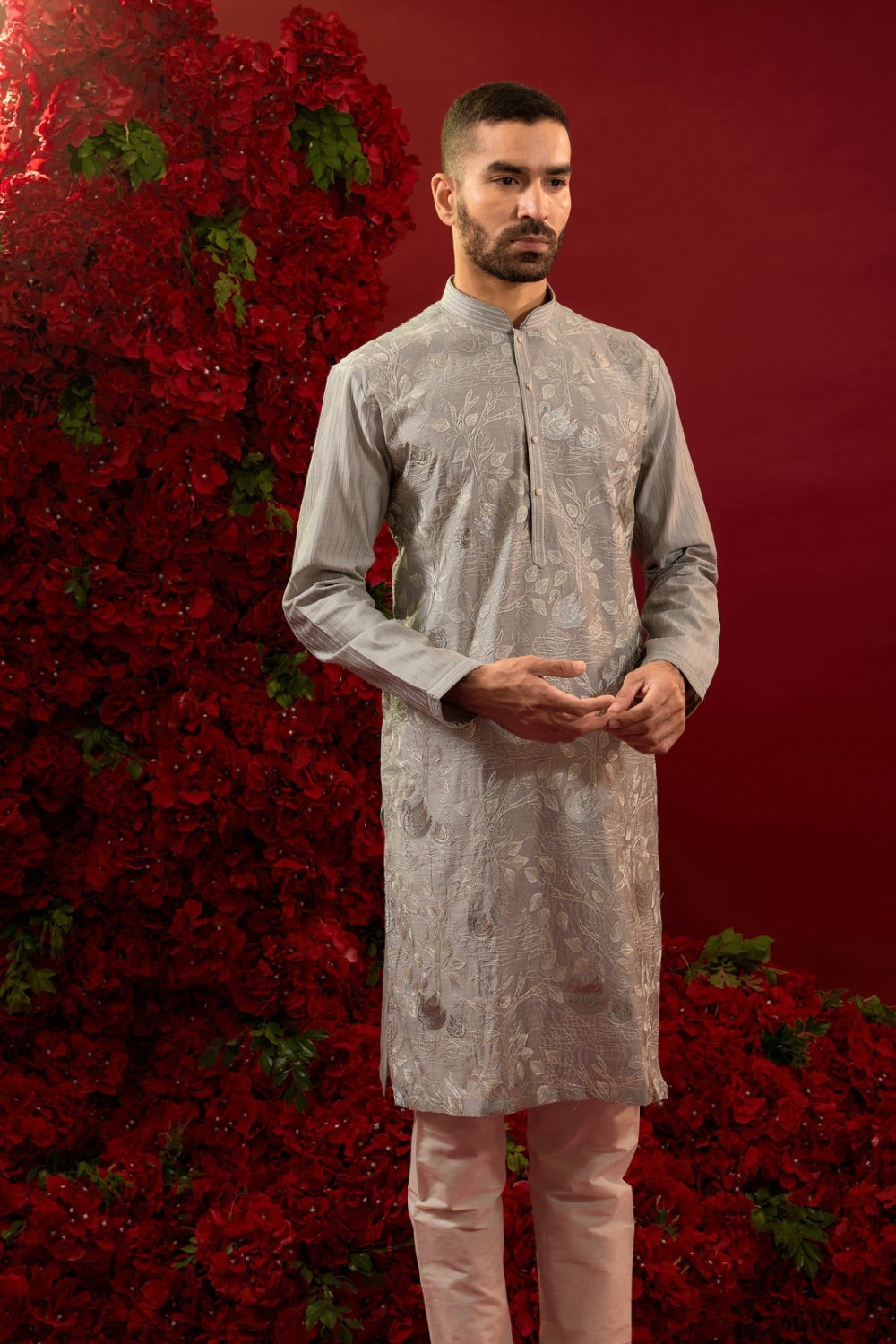 Grey silk kurta & pajama with machine work