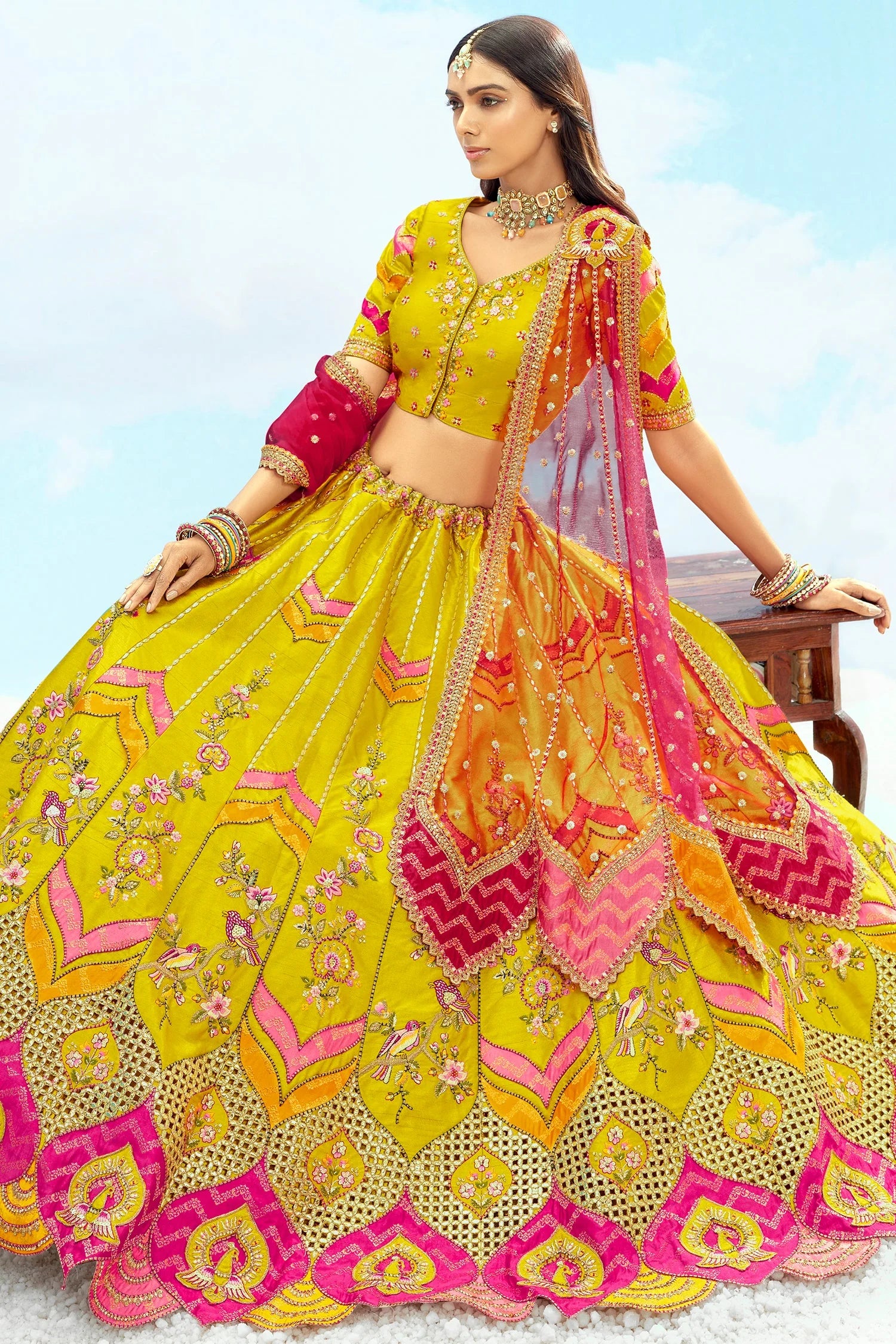 Yellow Silk Lehenga with Bird Embroidery & Cutwork Detailing