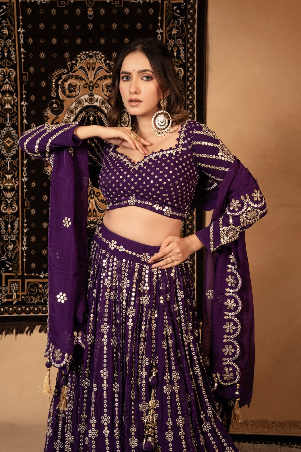Purple georgette lehenga choli with foil mirror work