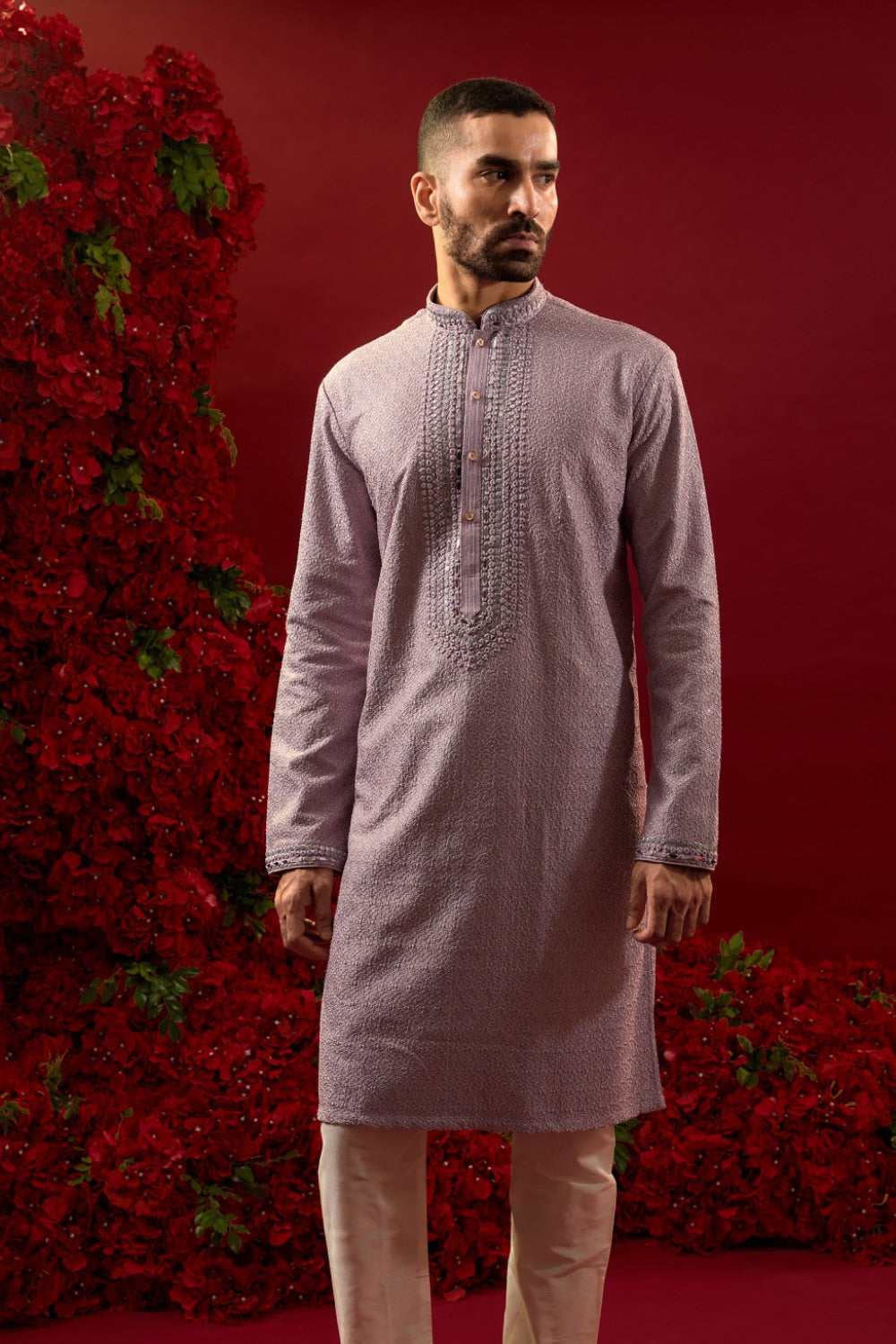 Lilac silk kurta set with hand and machine work