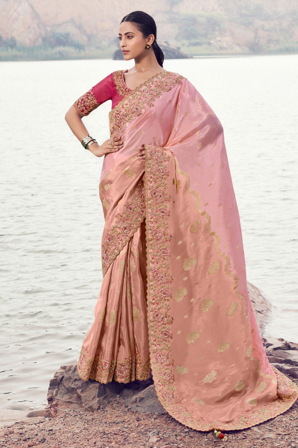 Light Pink Georgette Sequins and Moti Work Saree