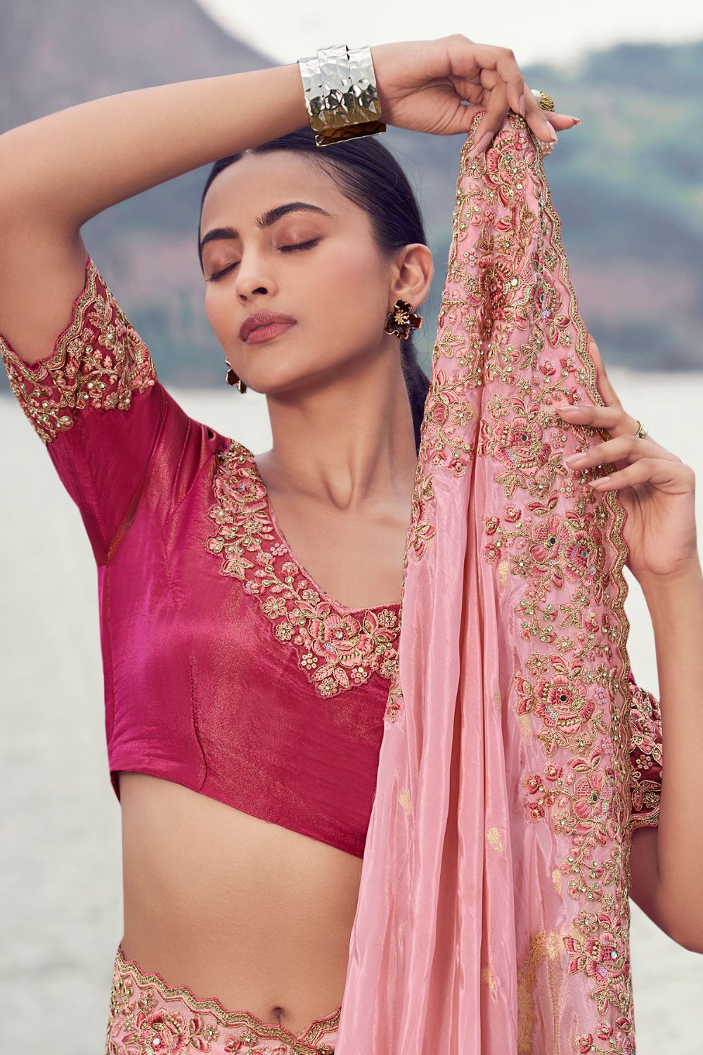 Light Pink Georgette Sequins and Moti Work Saree