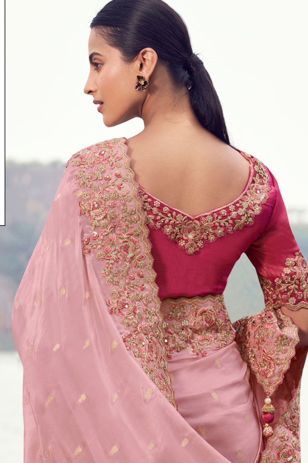 Light Pink Georgette Sequins and Moti Work Saree