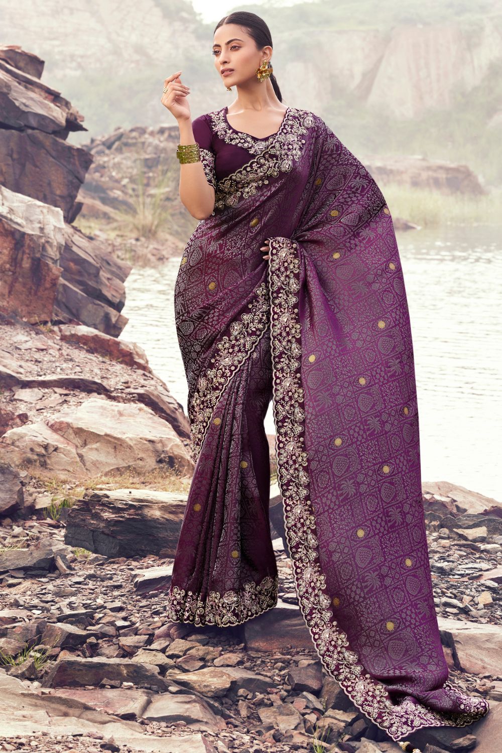 Purple Georgette Sequins and Moti Work Saree