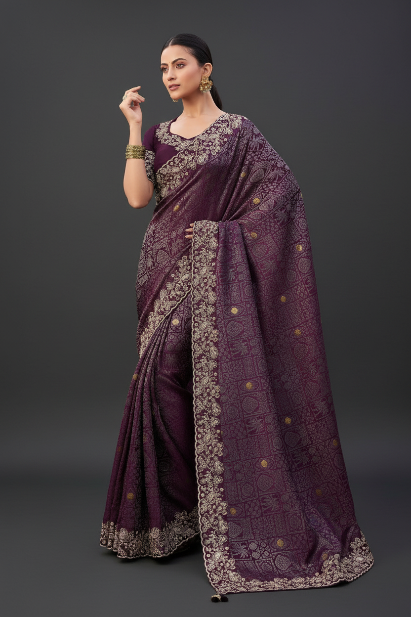 Purple Georgette Sequins and Moti Work Saree