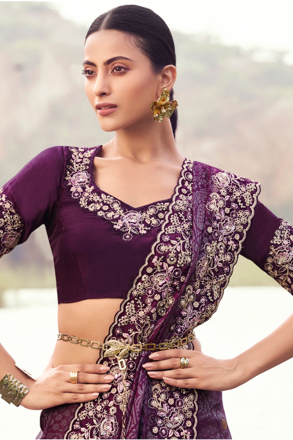 Purple Georgette Sequins and Moti Work Saree