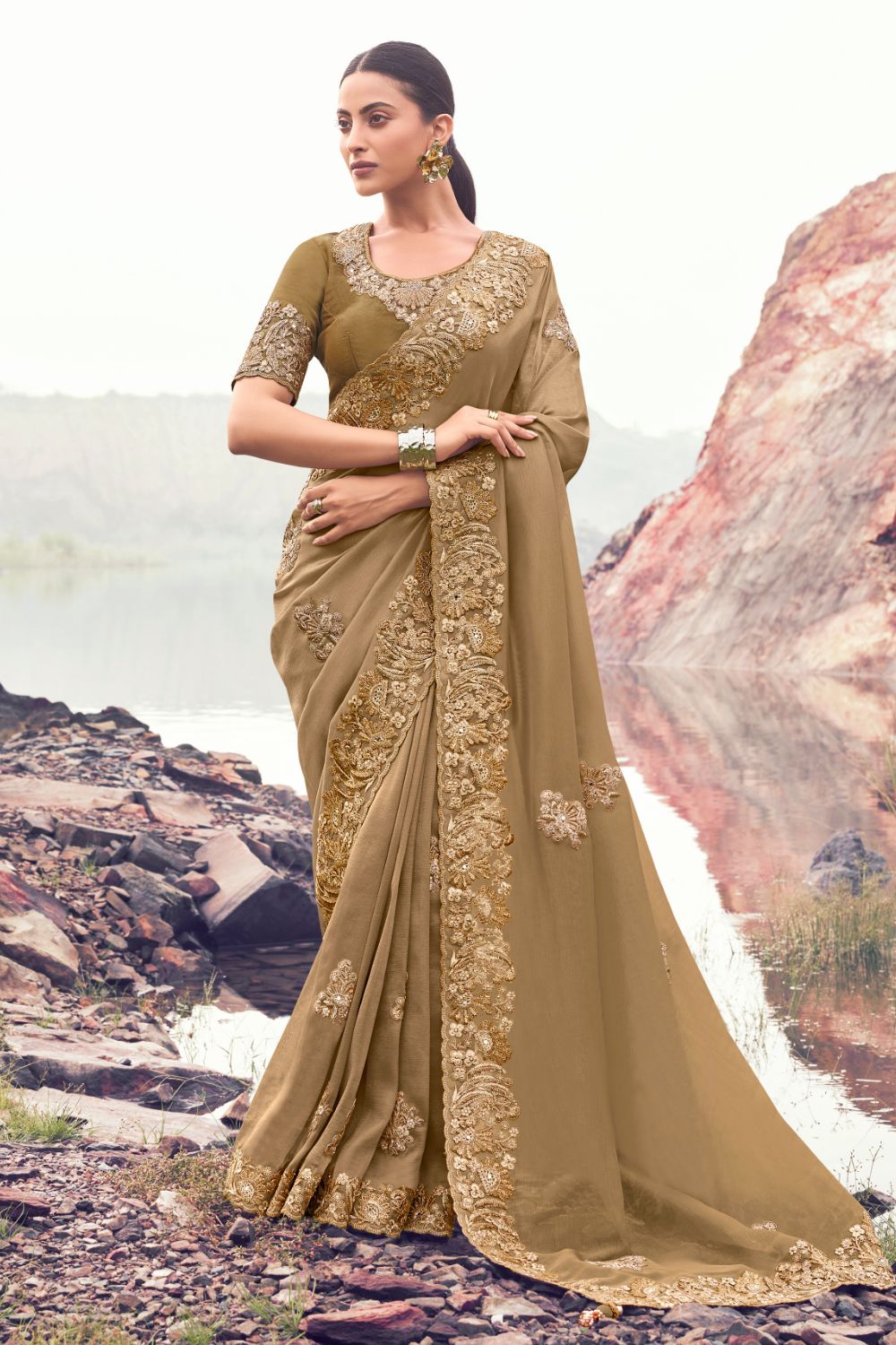 Beige Georgette Sequins and Moti Work Saree