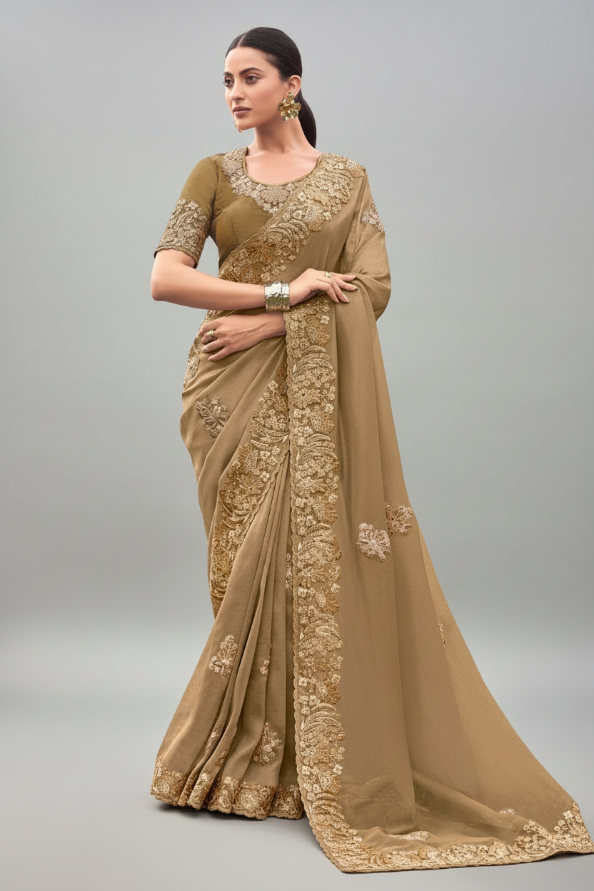 Beige Georgette Sequins and Moti Work Saree