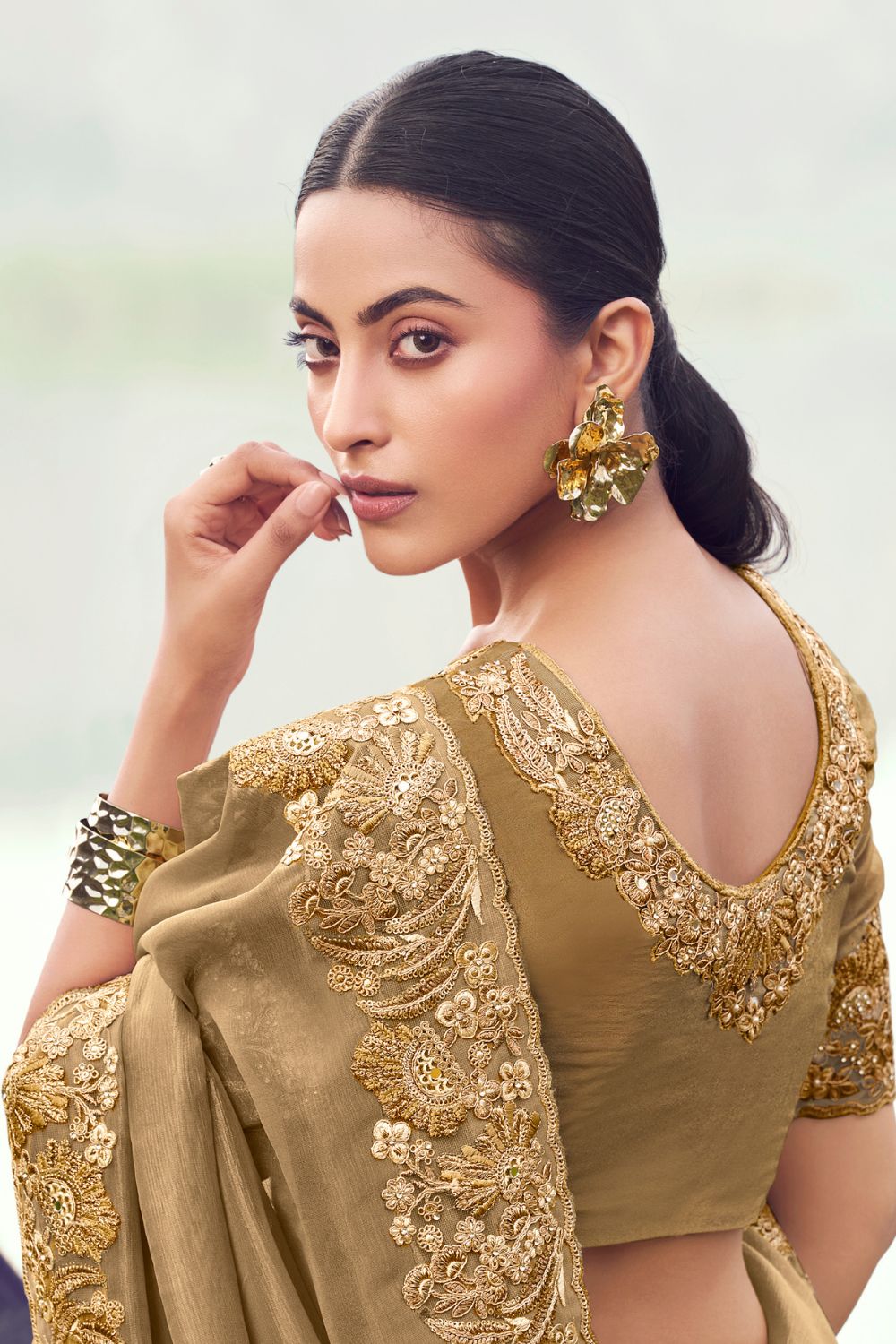 Beige Georgette Sequins and Moti Work Saree