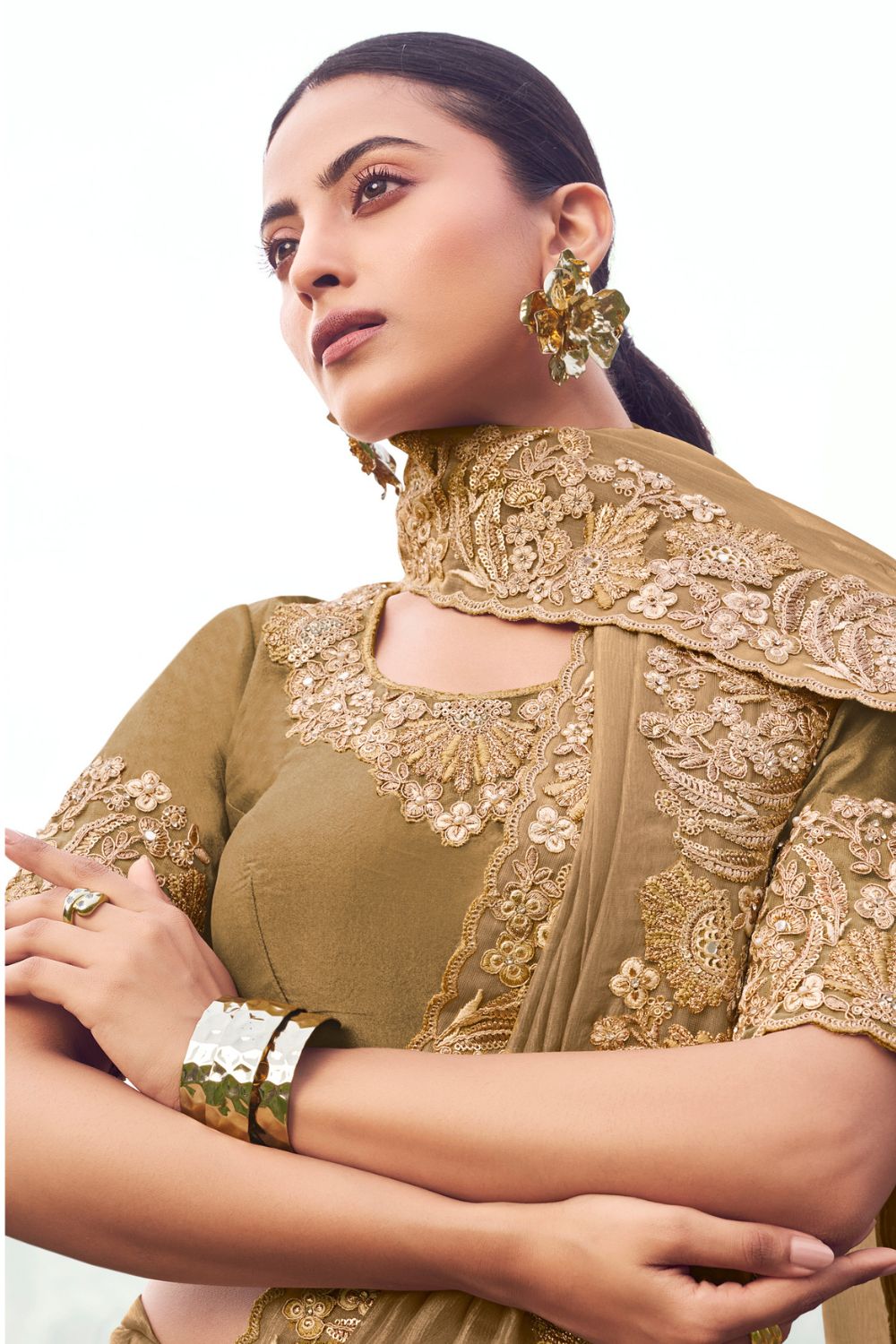 Beige Georgette Sequins and Moti Work Saree