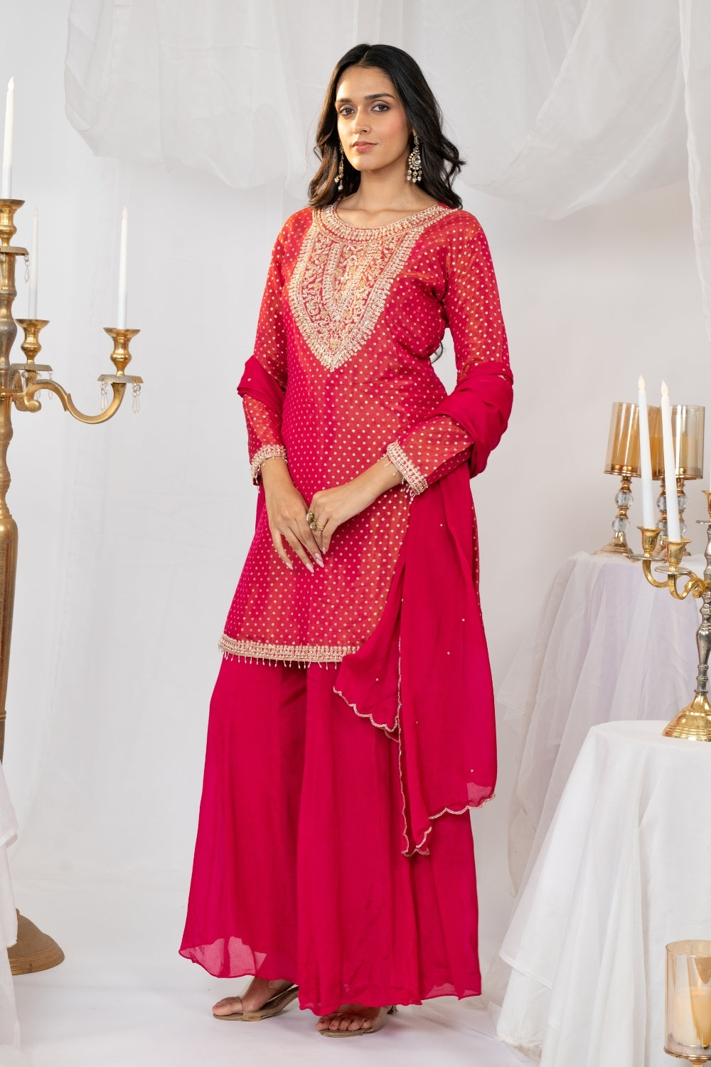 Rani Pink Tissue Suit Set with Moti and Cutdana Work