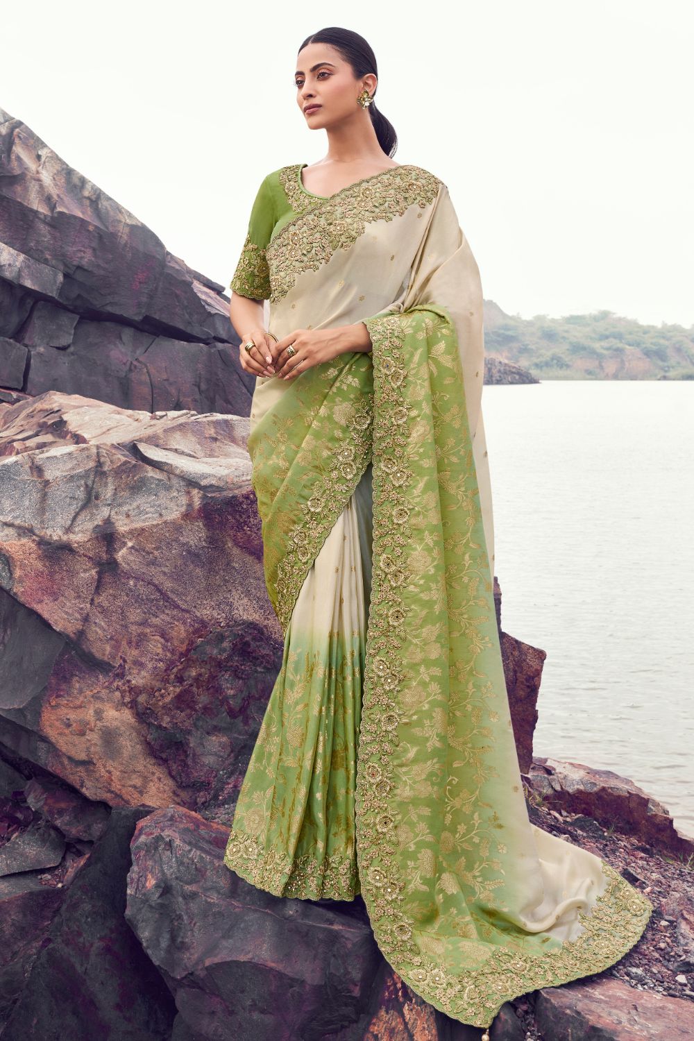 Beige Georgette Moti and Sequins Work Saree