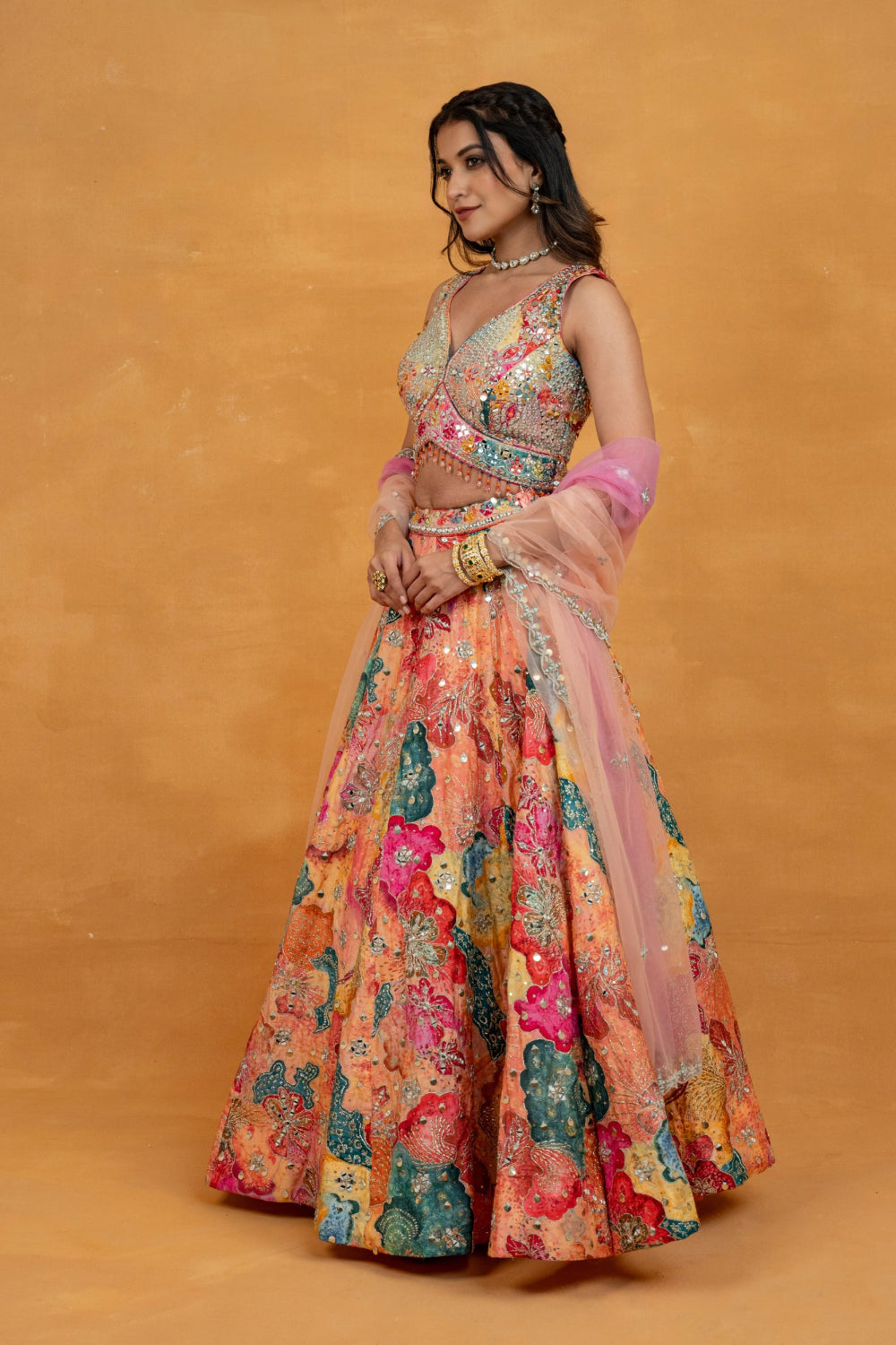 Multicolour printed silk lehenga choli with mirror, foil, sequins and bead work