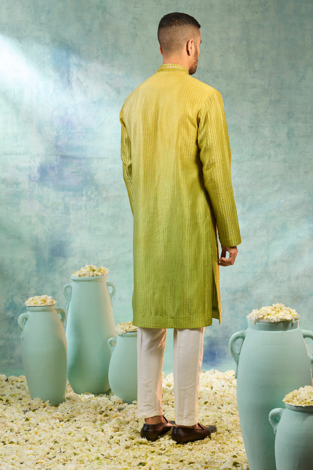 Olive green silk koti set with mirror and sequence work with pintucks
