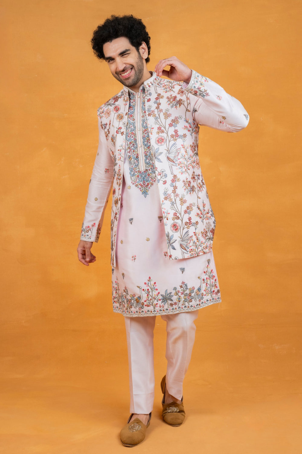 Light pink silk open koti set with multicolour floral thread embroidery