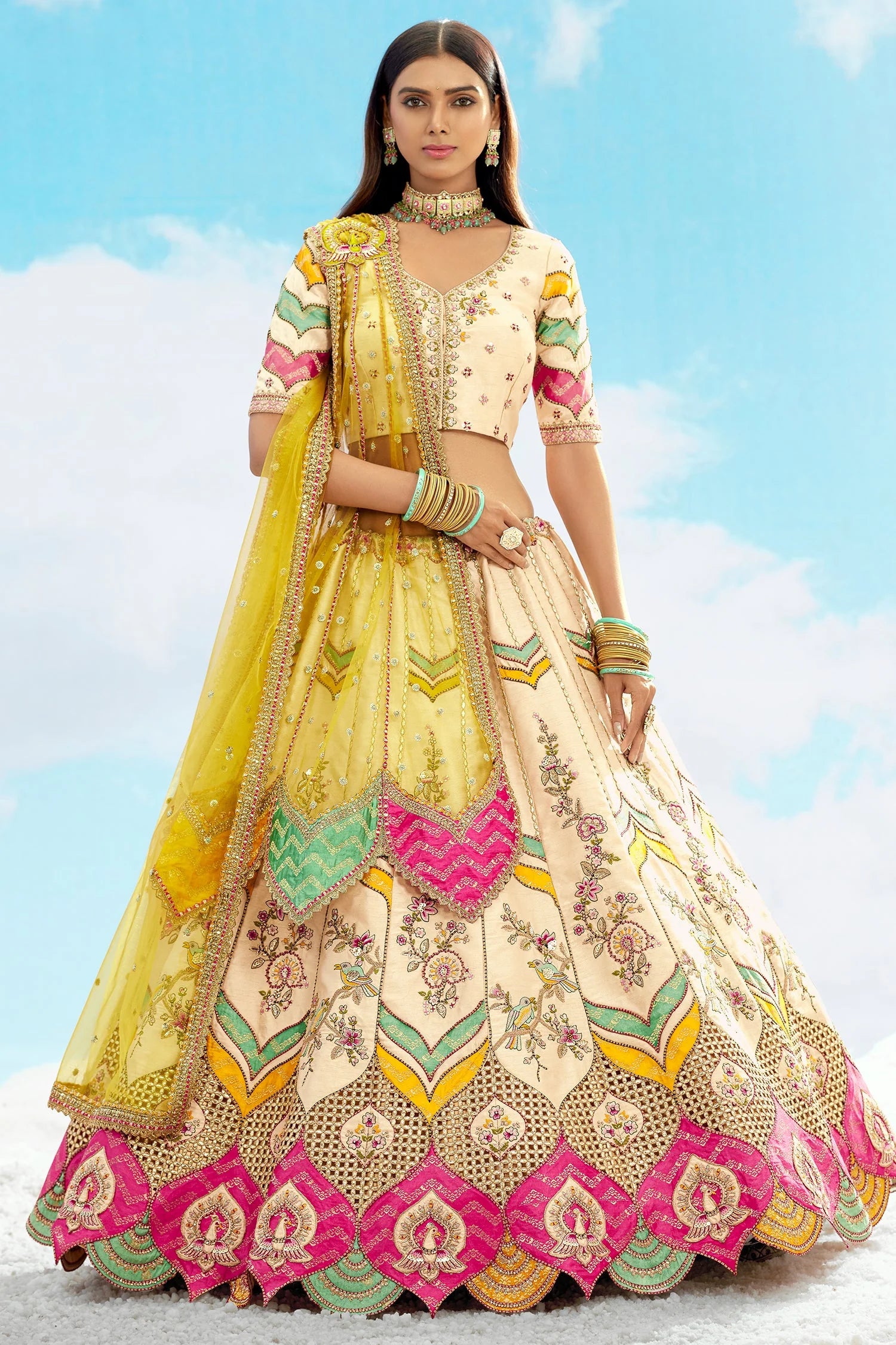 Embroidered Silk Lehenga with Floral & Bird Pattern and Cutwork Detail