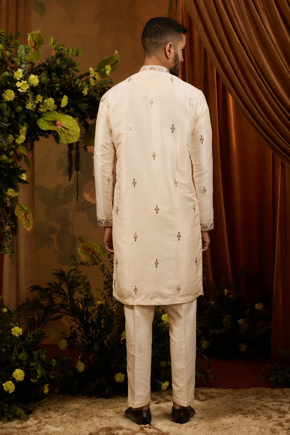 Peach silk koti set with multicolour thread embroidery