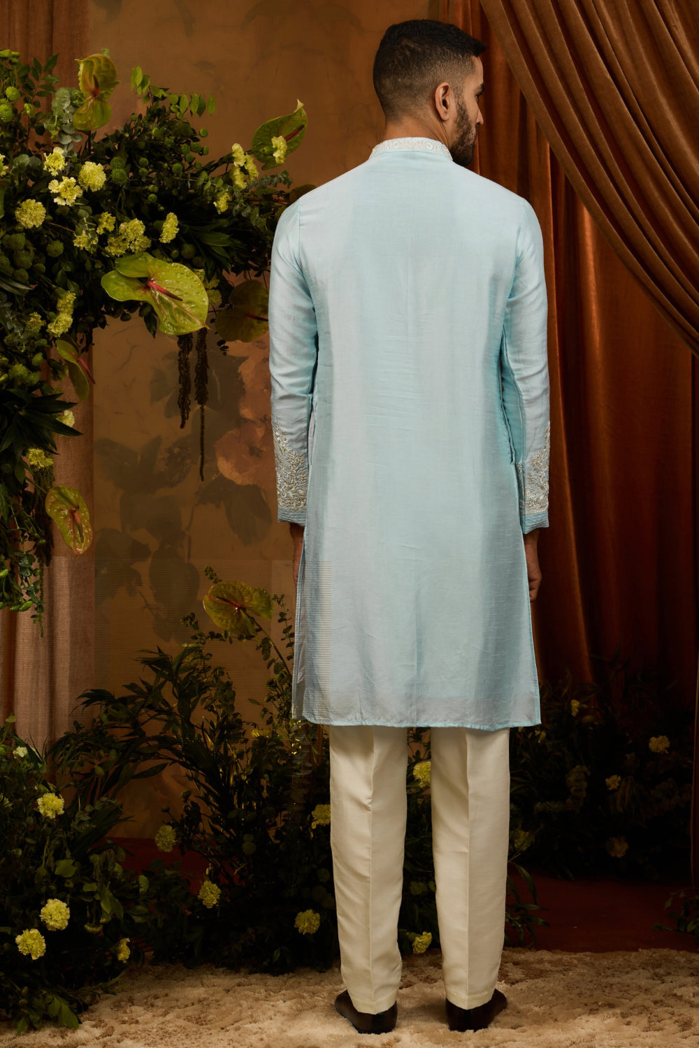 Silk koti with firozi kurta set with embroidery work