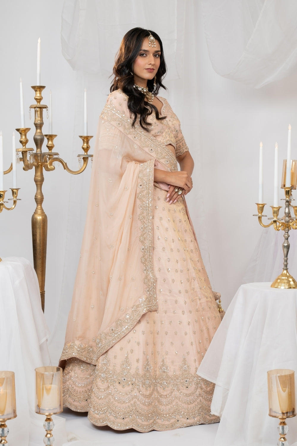 Peach Tissue Silk Lehenga Choli Set with Cutdana and Moti Work