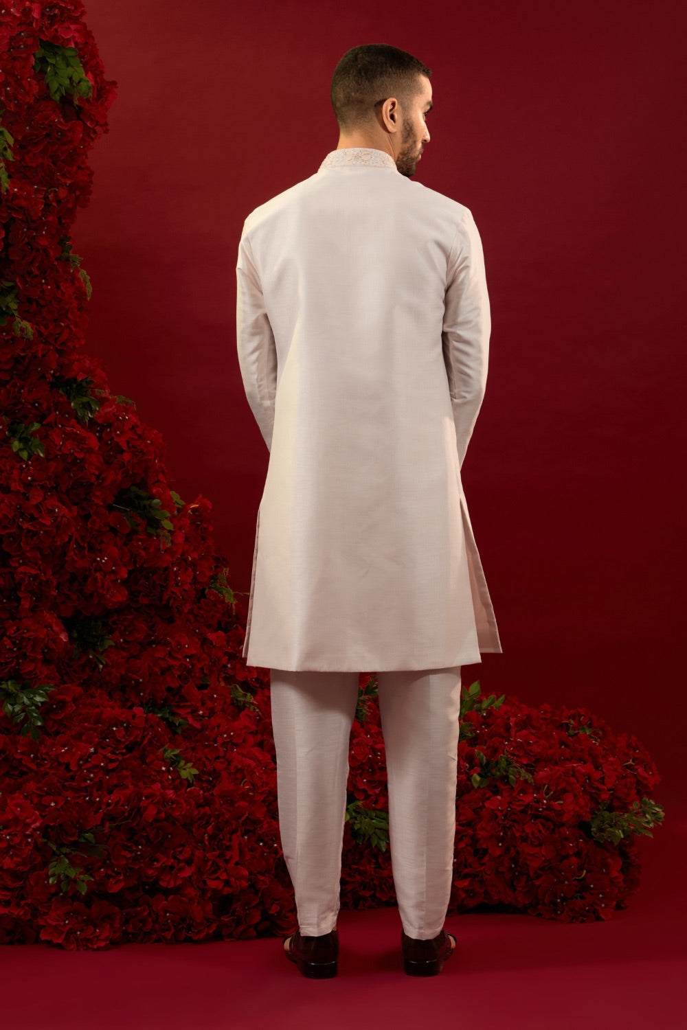 Rose white silk open koti set with detailed machine work