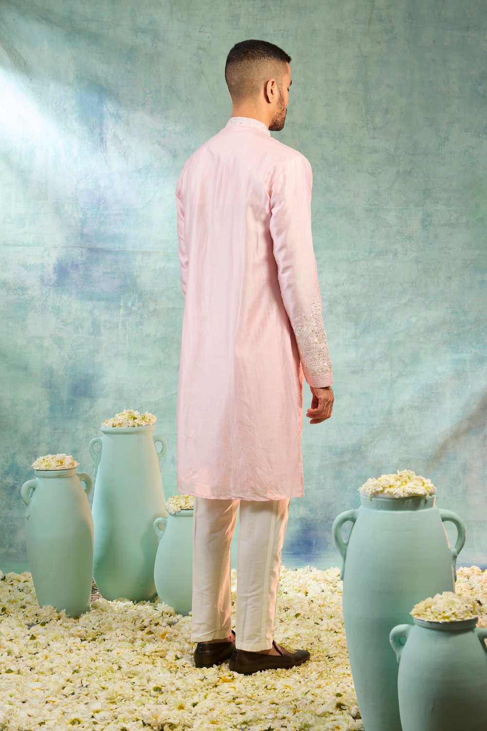 Silk koti with firozi kurta set with embroidery work