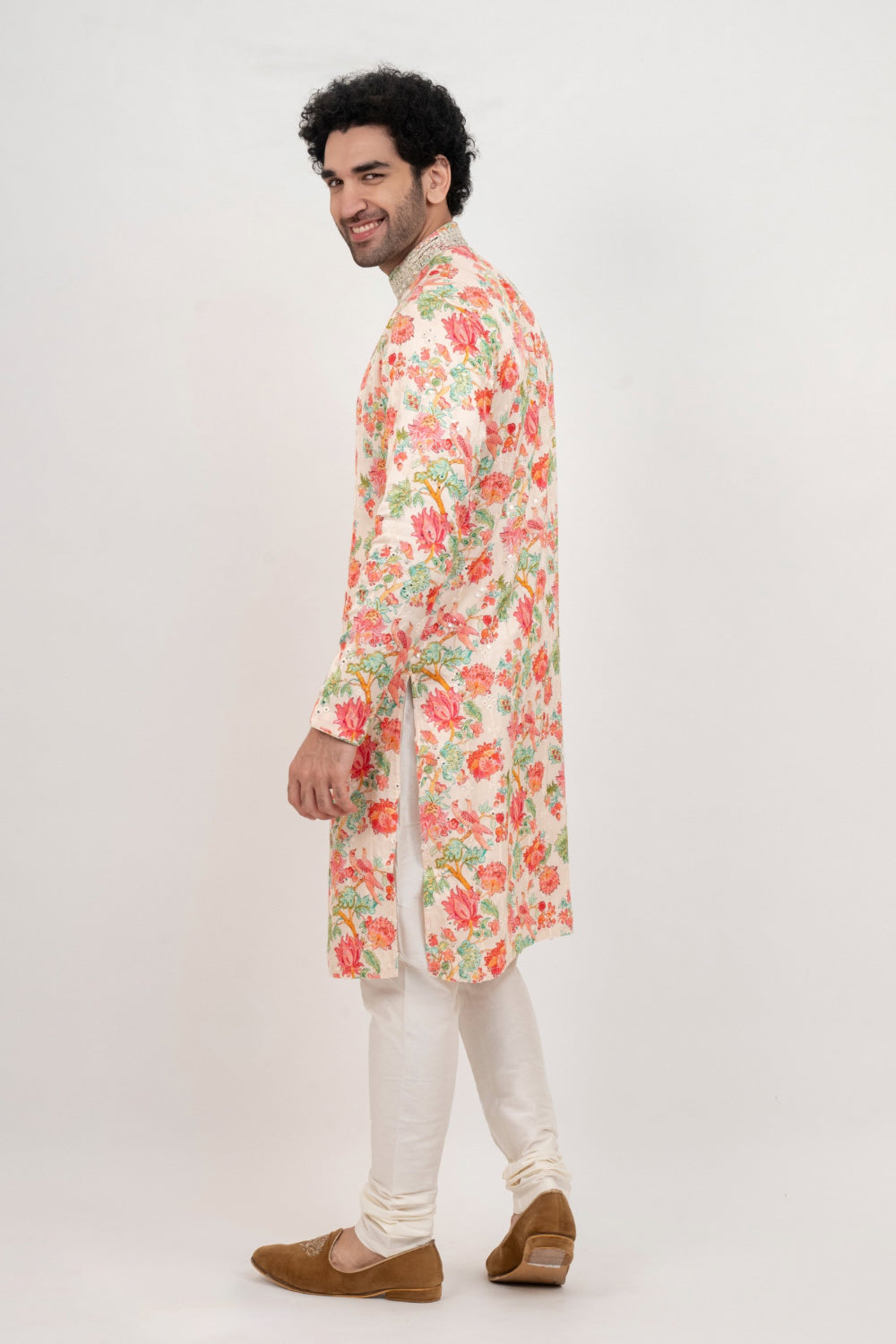 Multicolour resham embroidered satin linen kurta set with with kasab and mirror work
