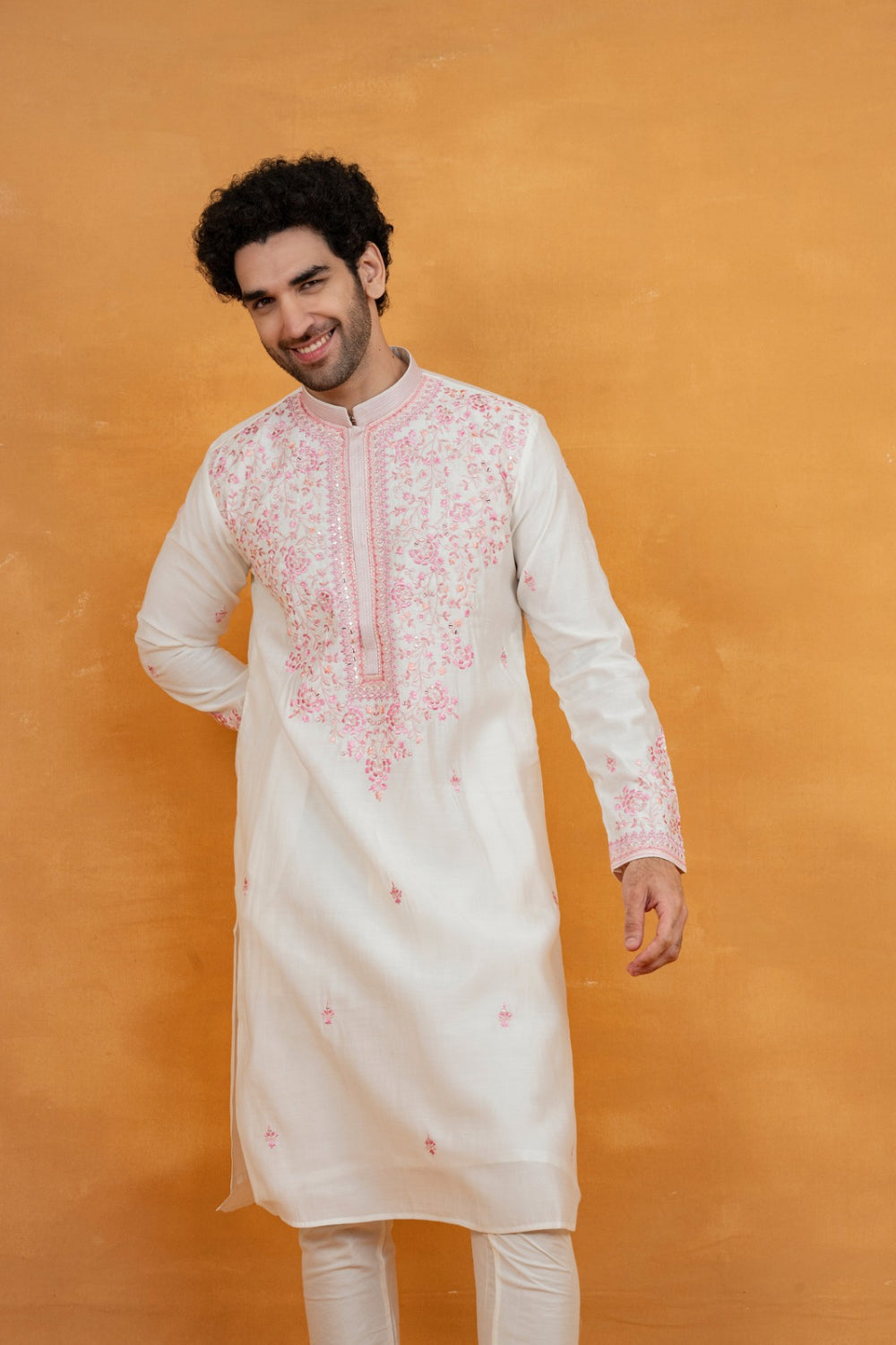 Silk kurta set with yellow resham embroidery and mirror work