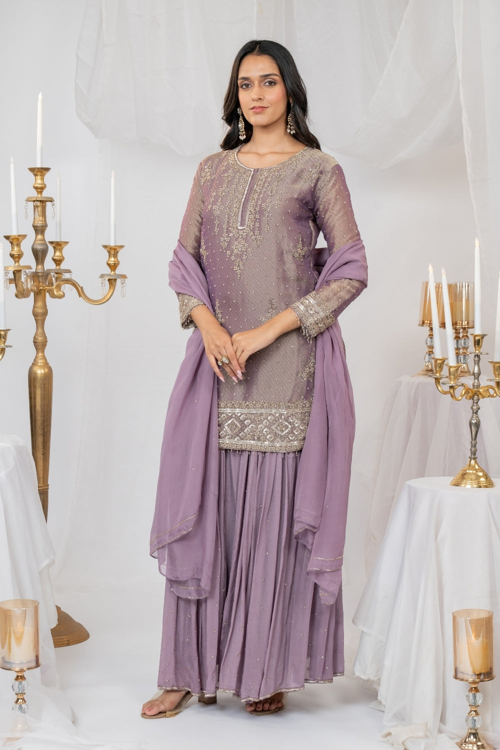 Light Purple Tissue Suit Set with Moti and Cutdana Work