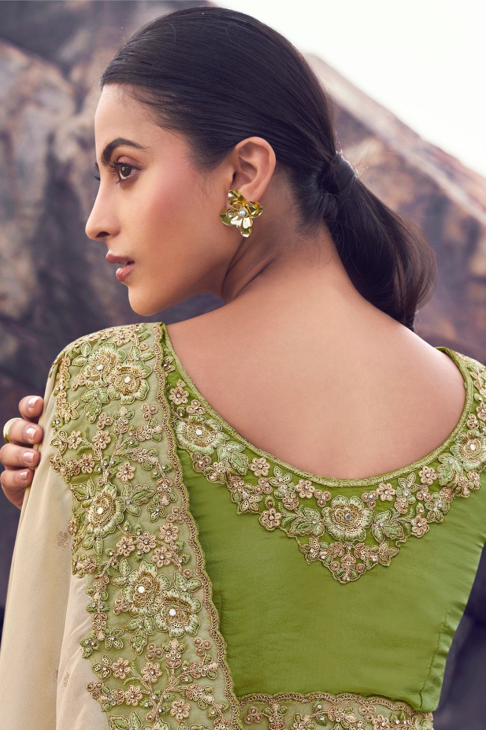 Beige Georgette Moti and Sequins Work Saree