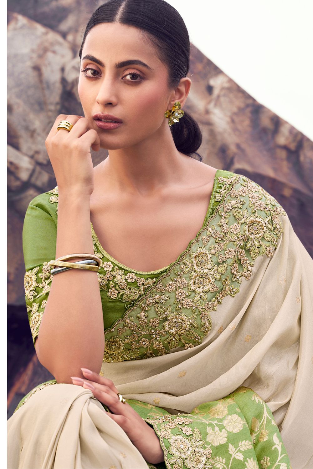 Beige Georgette Moti and Sequins Work Saree