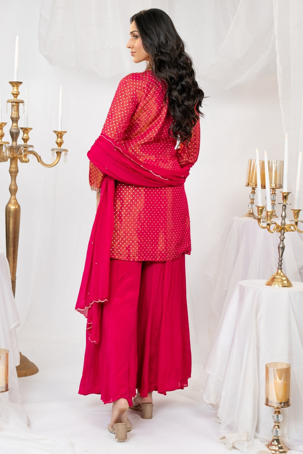 Rani Pink Tissue Suit Set with Moti and Cutdana Work