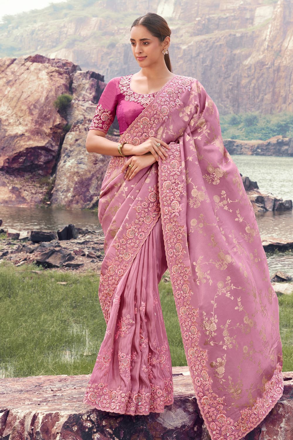 Pink Georgette Moti and Sequins Work Saree
