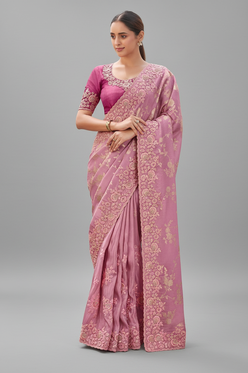 Pink Georgette Moti and Sequins Work Saree