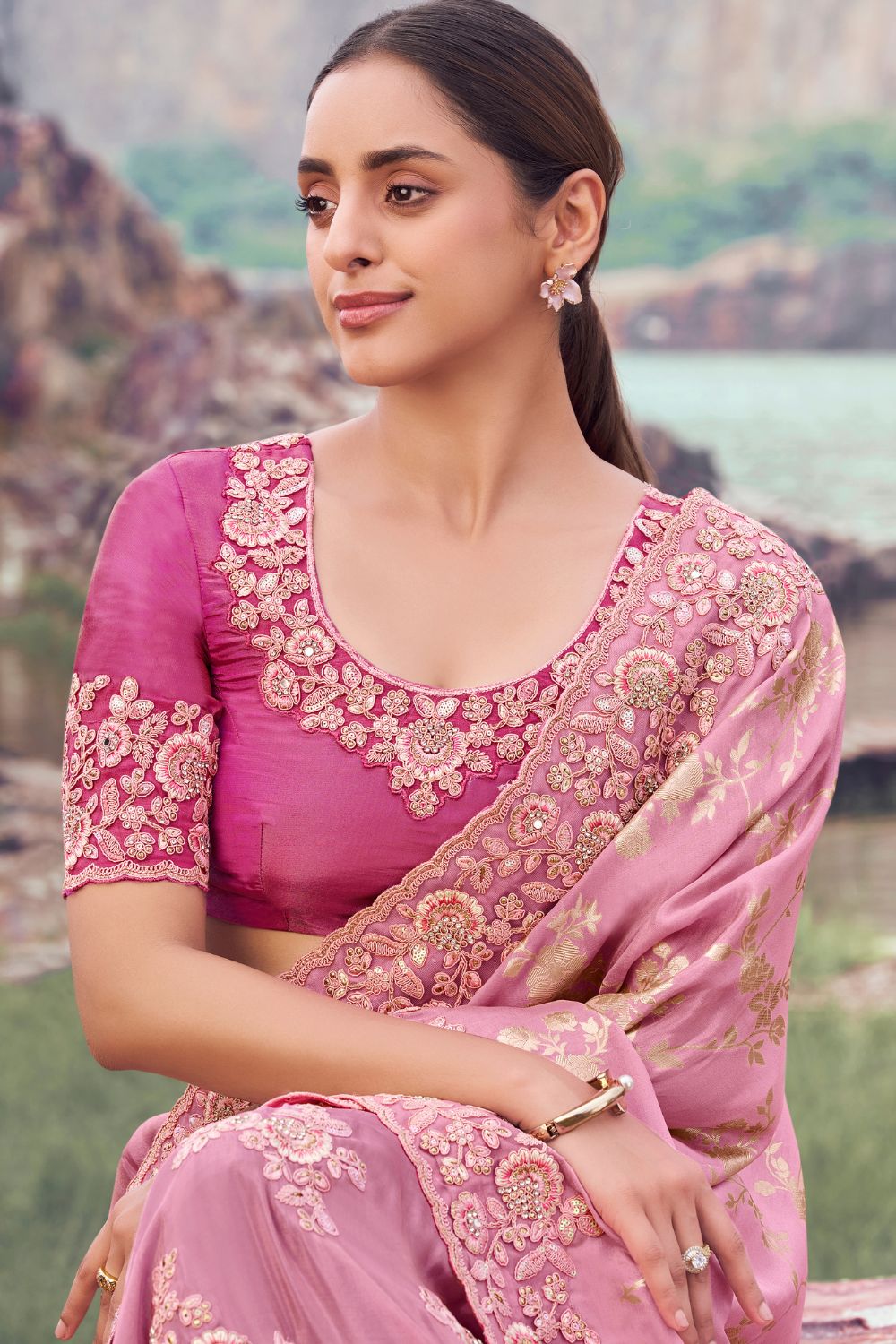 Pink Georgette Moti and Sequins Work Saree