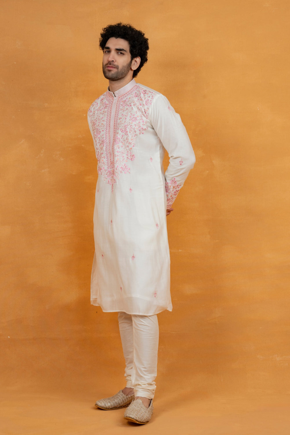 Silk kurta set with yellow resham embroidery and mirror work