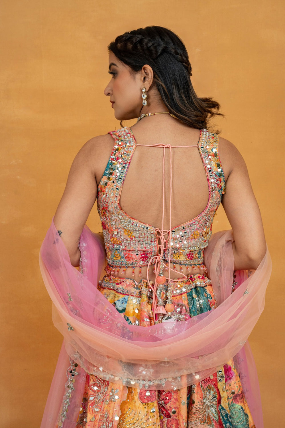 Multicolour printed silk lehenga choli with mirror, foil, sequins and bead work