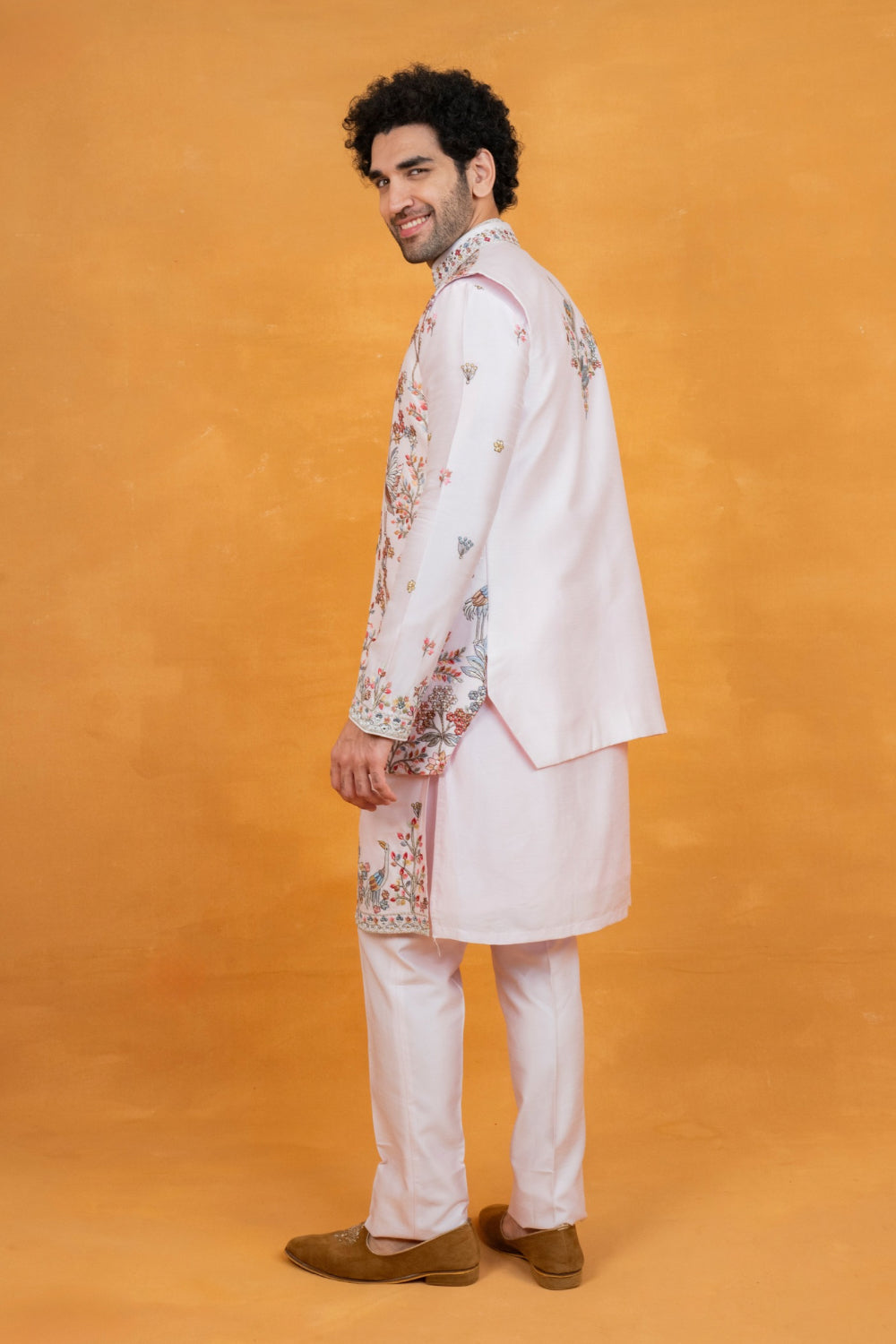 Light pink silk open koti set with multicolour floral thread embroidery