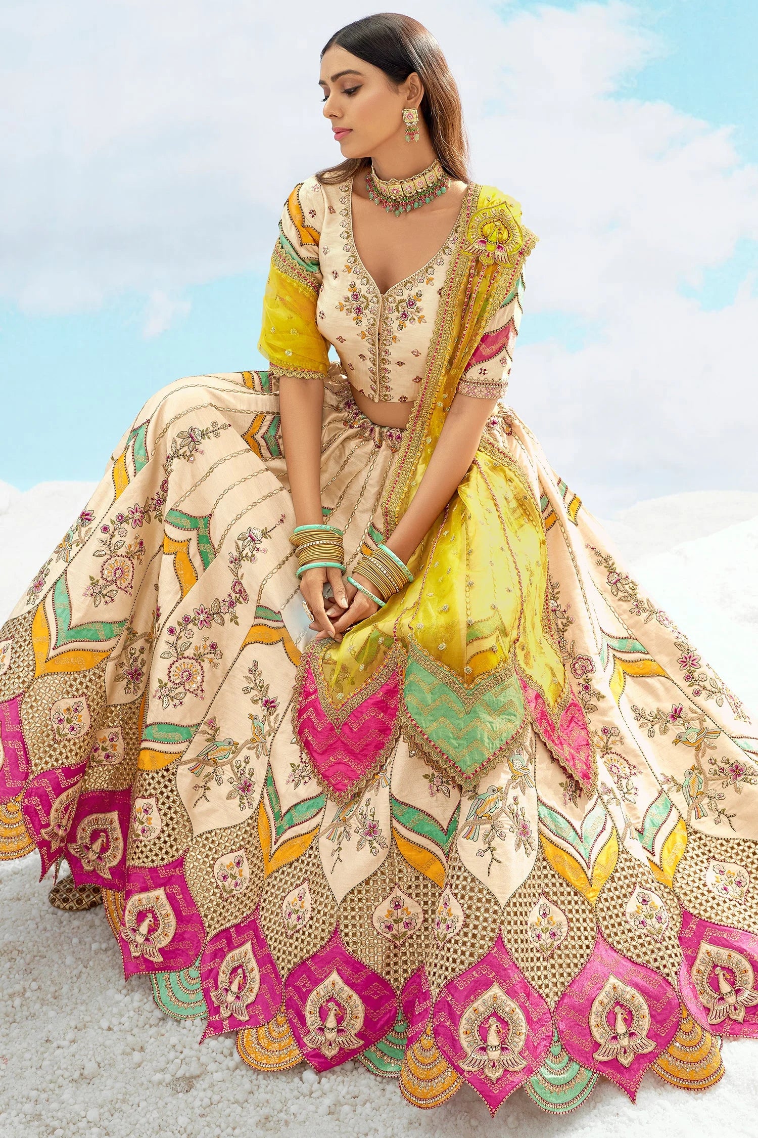 Embroidered Silk Lehenga with Floral & Bird Pattern and Cutwork Detail