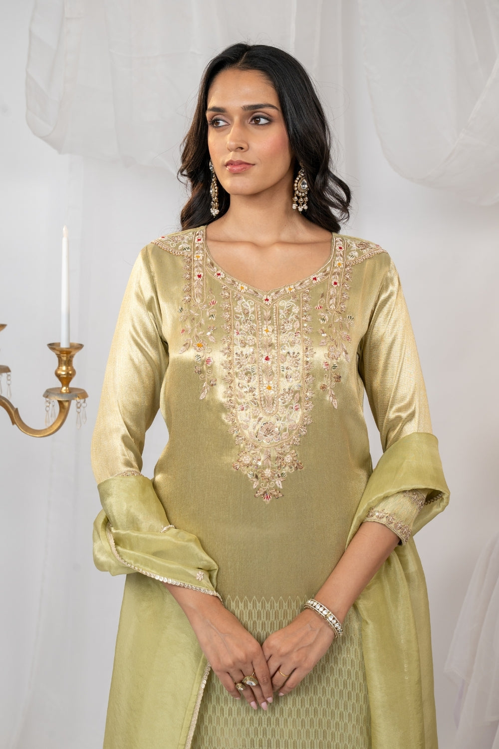 Pista Green Tissue Suit Set with Sequins and Zardosi Work