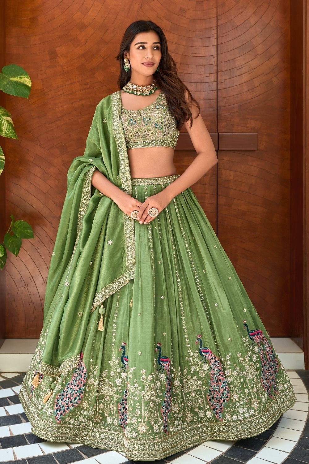 Mehndi Green Silk Lehenga Choli