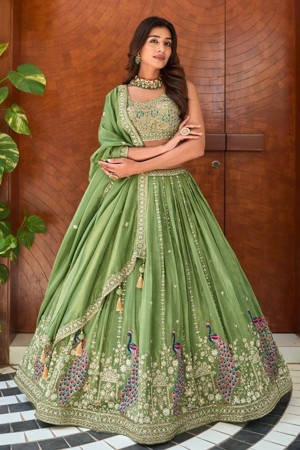 Mehndi Green Silk Lehenga Choli