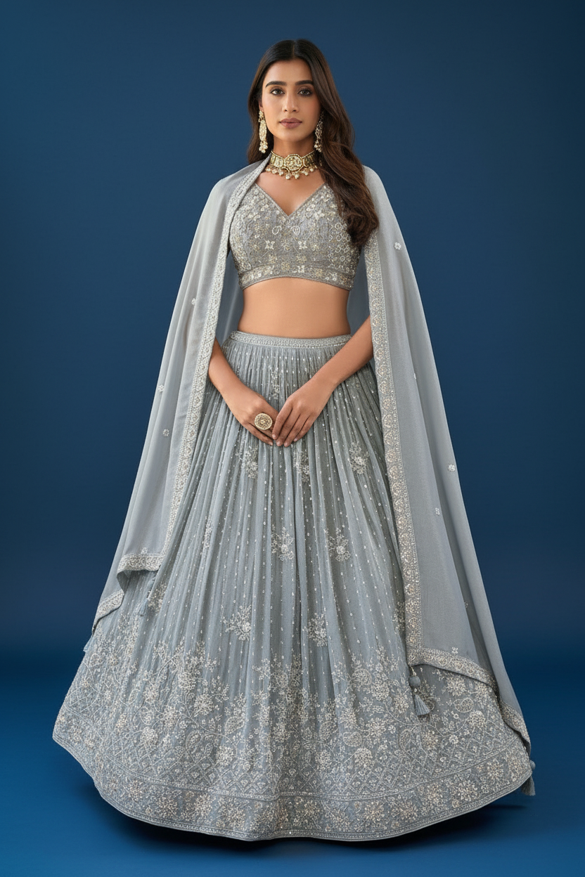 Light Grey Silk Lehenga Choli with V Neck and Hand Embroidery