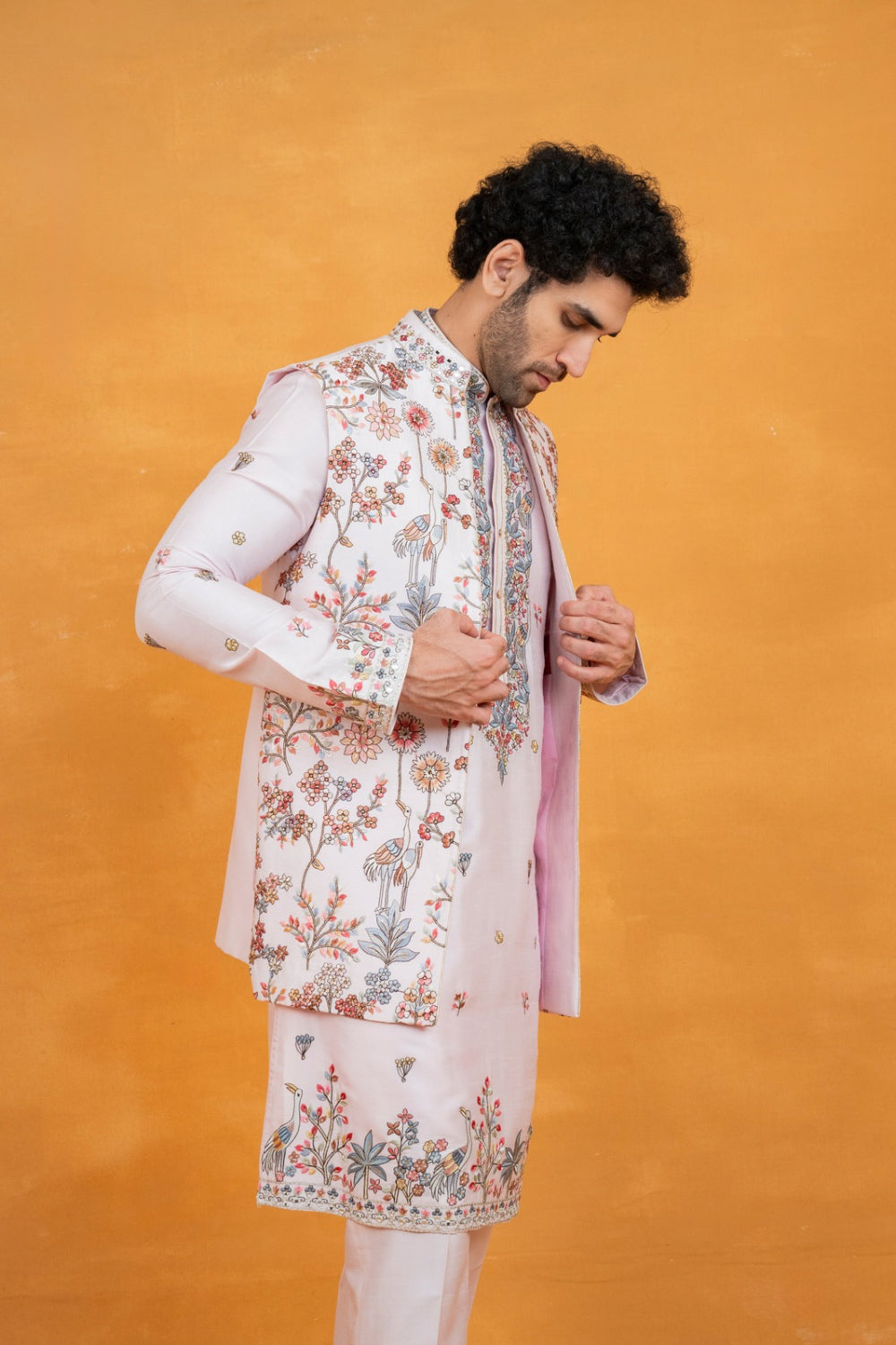 Light pink silk open koti set with multicolour floral thread embroidery