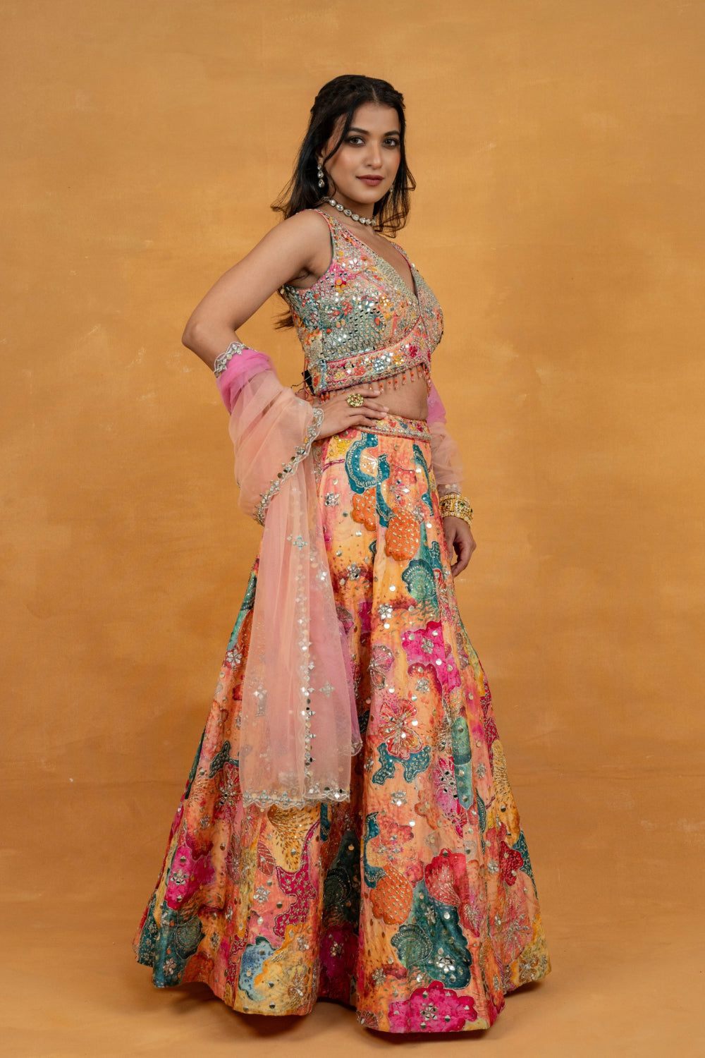 Multicolour printed silk lehenga choli with mirror, foil, sequins and bead work