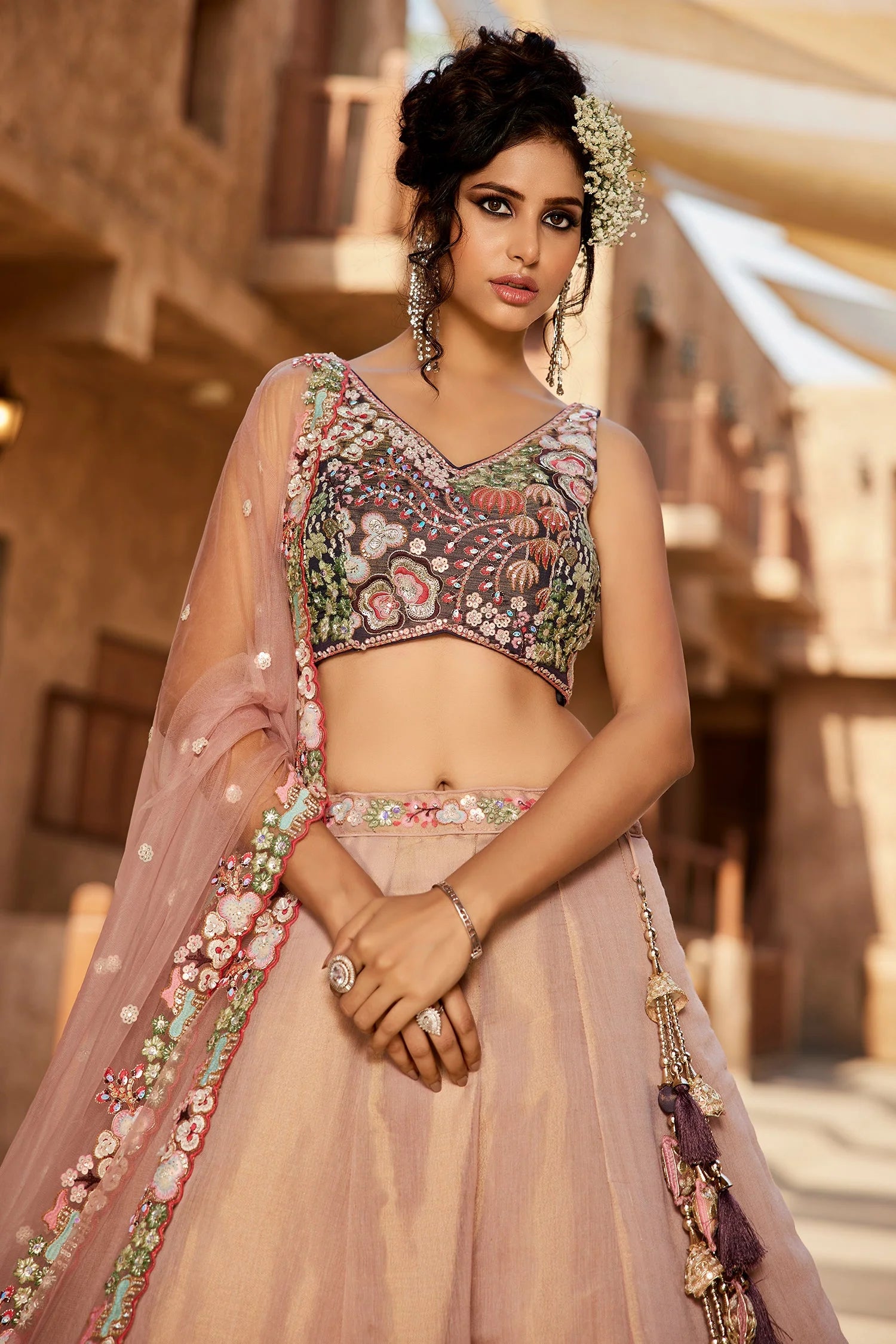 Peach Net Lehenga with Floral Embroidery & Sequin Detailing