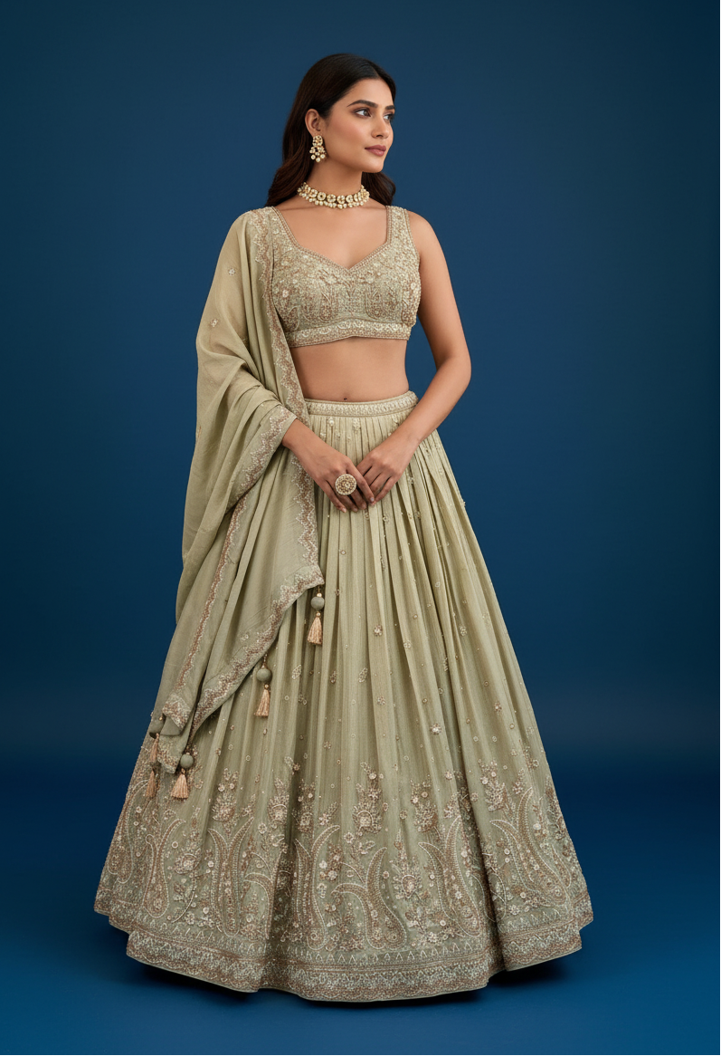 Light Pista Silk Lehenga Choli with Sweetheart Neck and Hand Embroidery