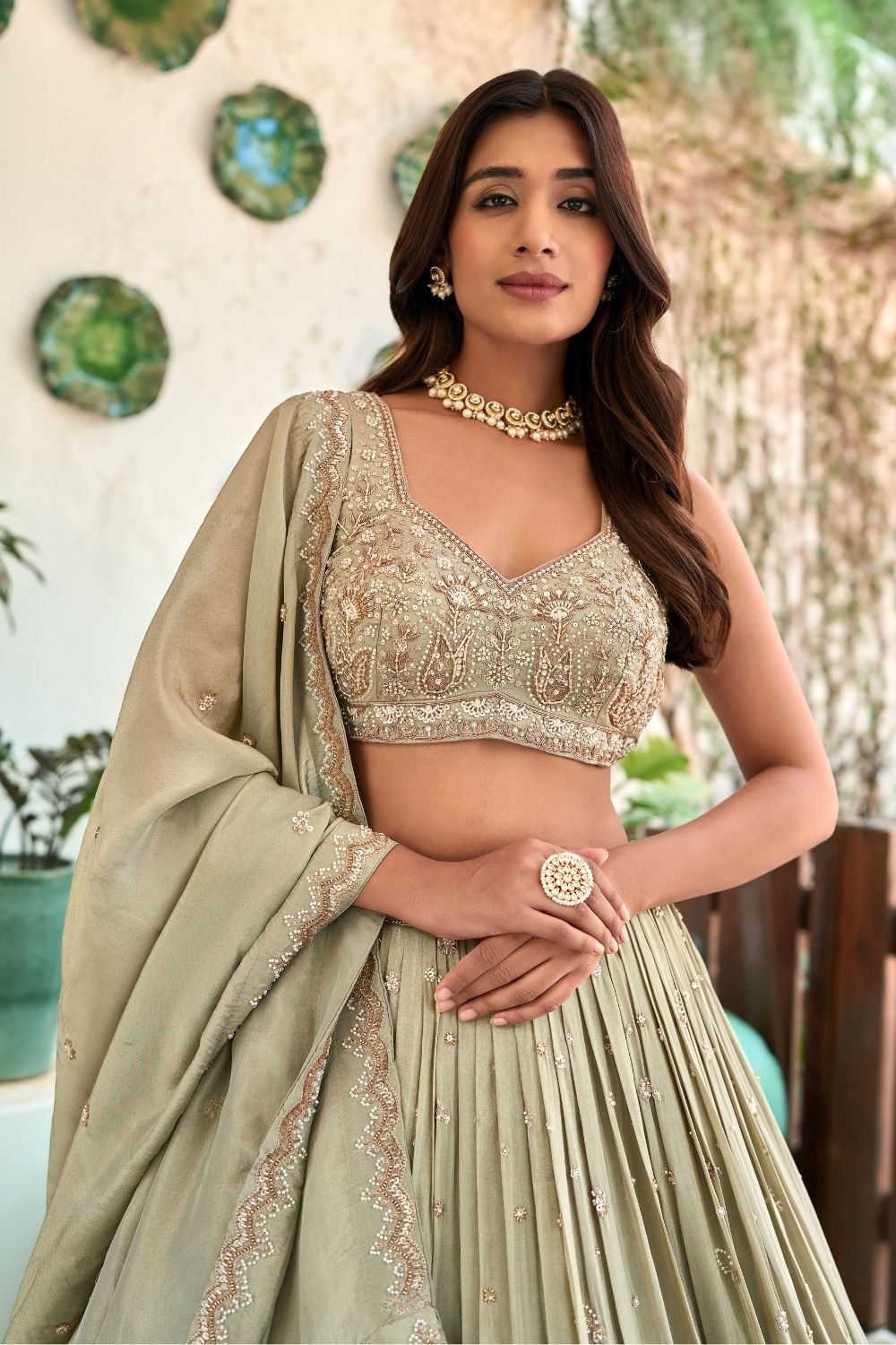 Light Pista Silk Lehenga Choli with Sweetheart Neck and Hand Embroidery