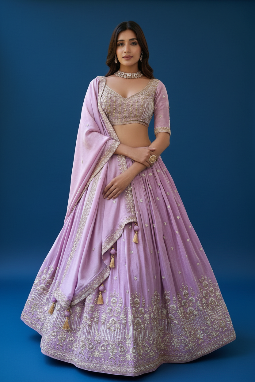 Lilac Silk Lehenga Choli with Sweetheart Neck and Hand Embroidery