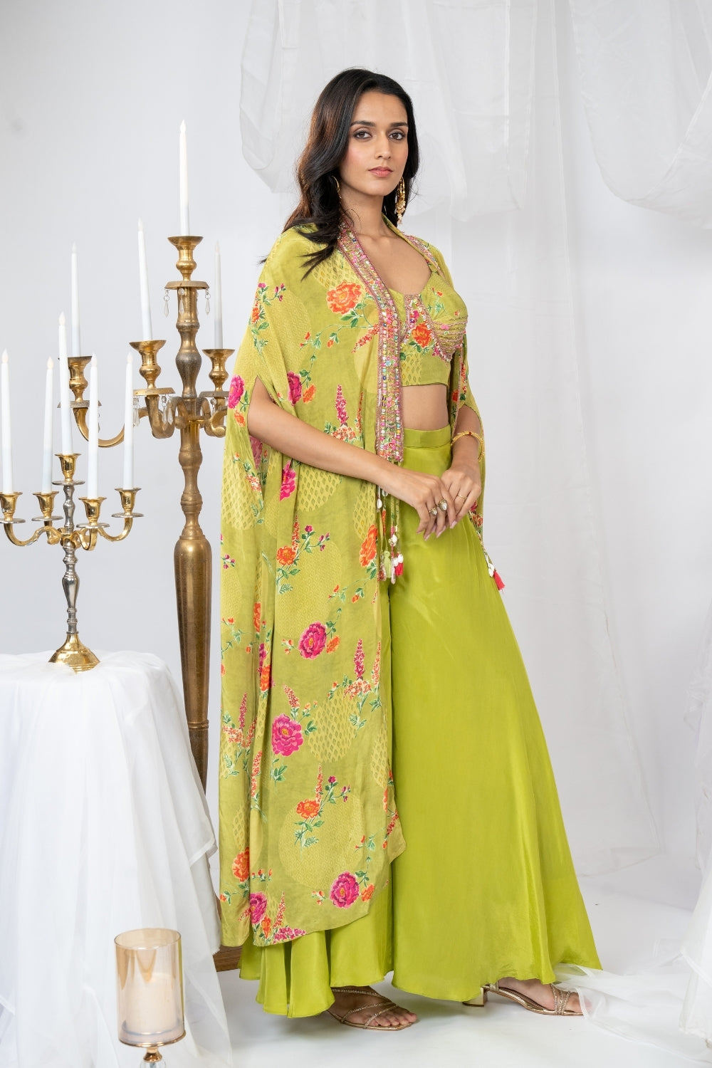 Green Crepe Silk Indo Western with Sequins and Zardosi Work