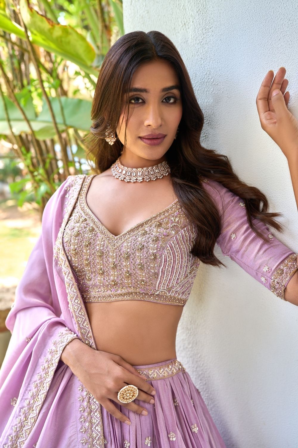 Lilac Silk Lehenga Choli with Sweetheart Neck and Hand Embroidery